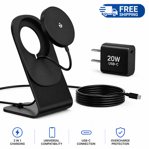 2-in-1 Magnetic Wireless Charging Stand Black with 20W USB-C adapter