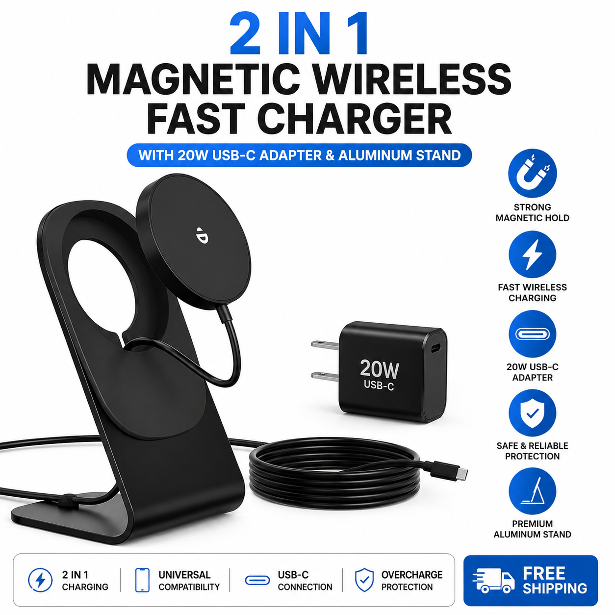 Black magnetic wireless charger with 20W USB-C adapter
