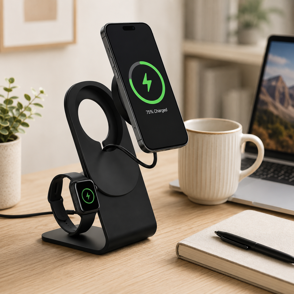 Black 2-in-1 magnetic wireless charging stand on desk