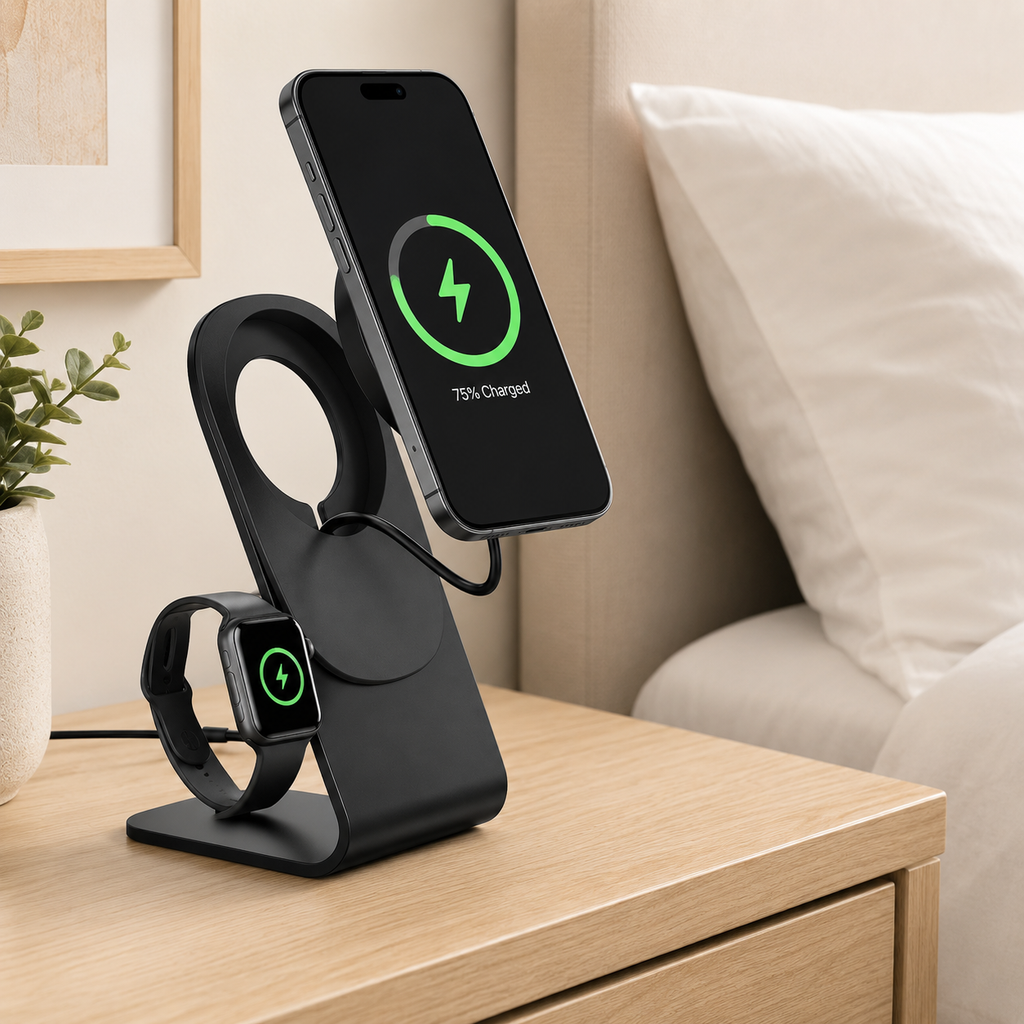 Black 2-in-1 magnetic wireless charging stand bedside setup