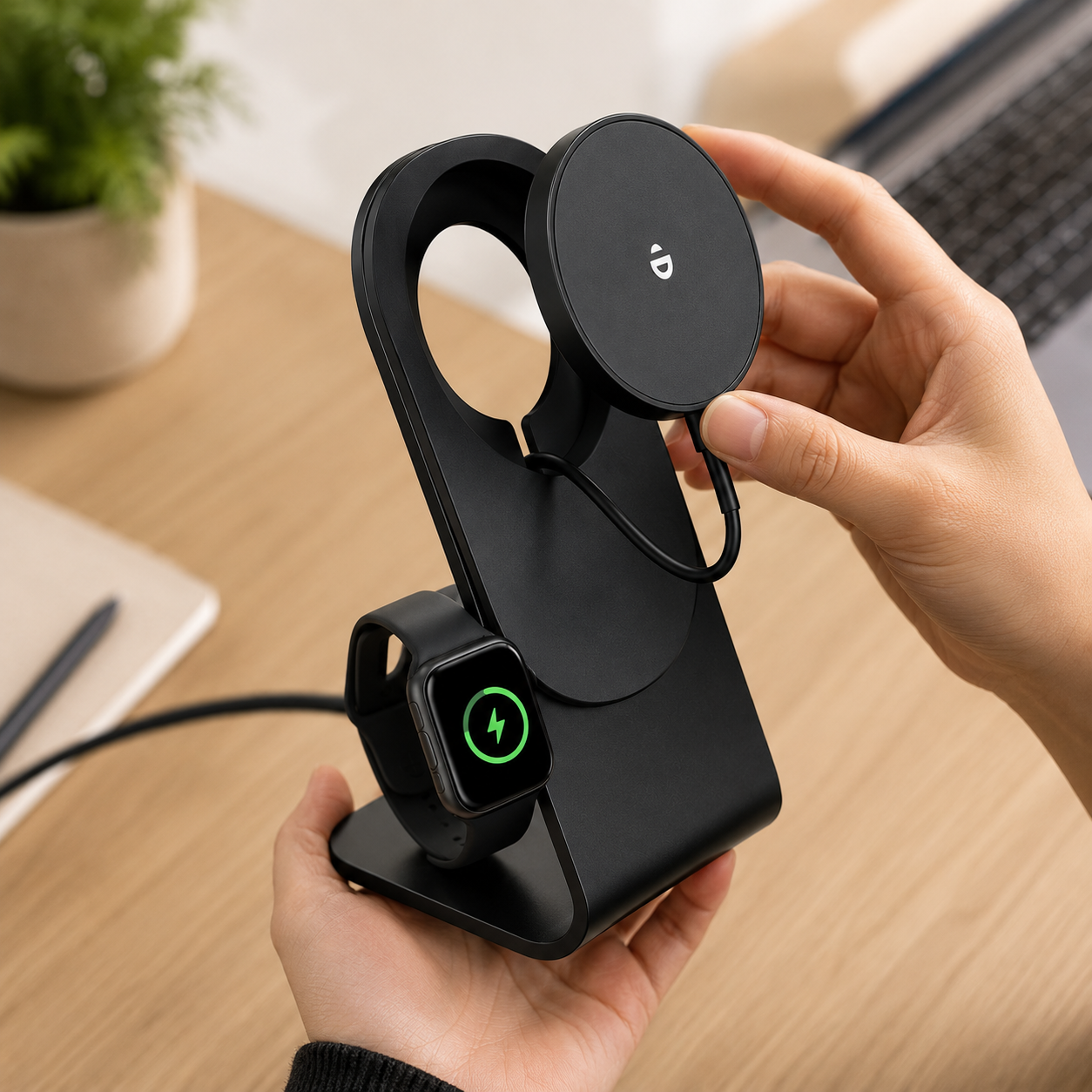 Black magnetic wireless charging stand on desktop with phone and smartwatch
