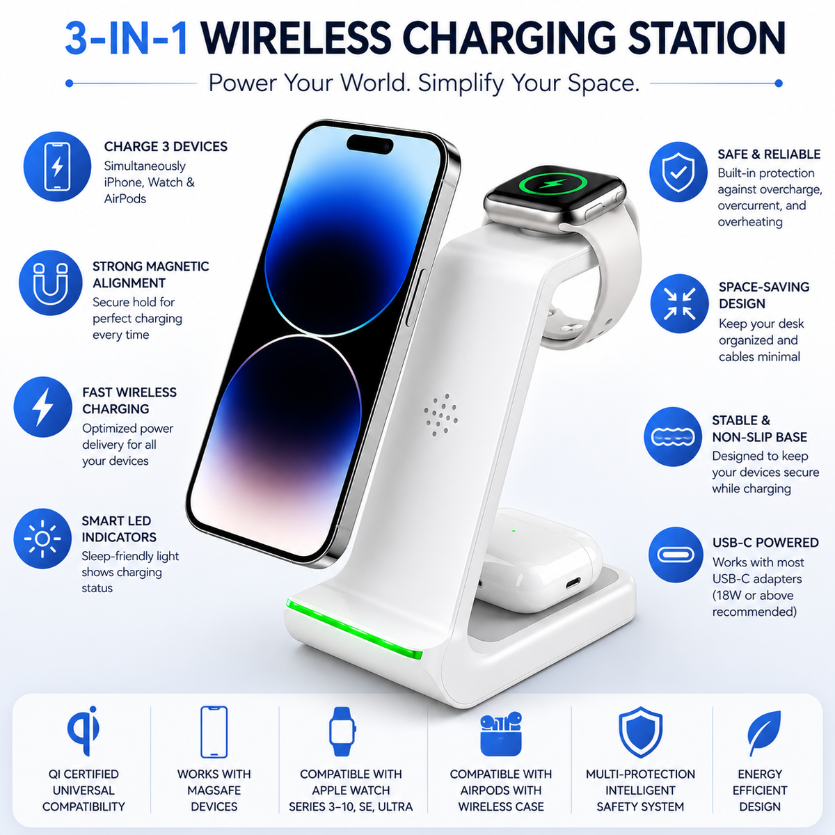 3-in-1 Wireless Charging Station features and device compatibility