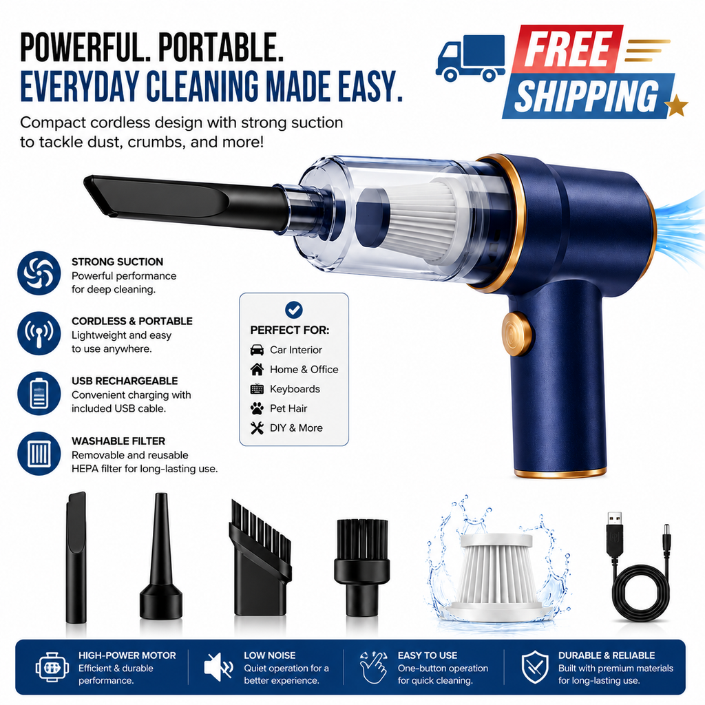 4-in-1 Cordless Car Vacuum Cleaner with powerful suction, accessories and USB rechargeable design