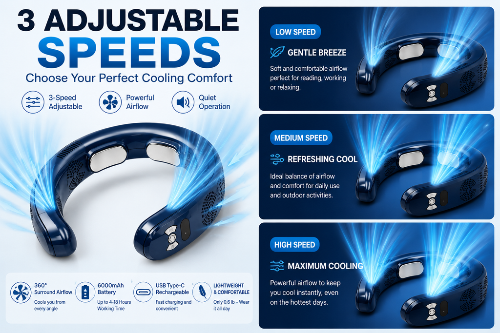 Portable neck fan with 3 adjustable speeds and powerful cooling airflow