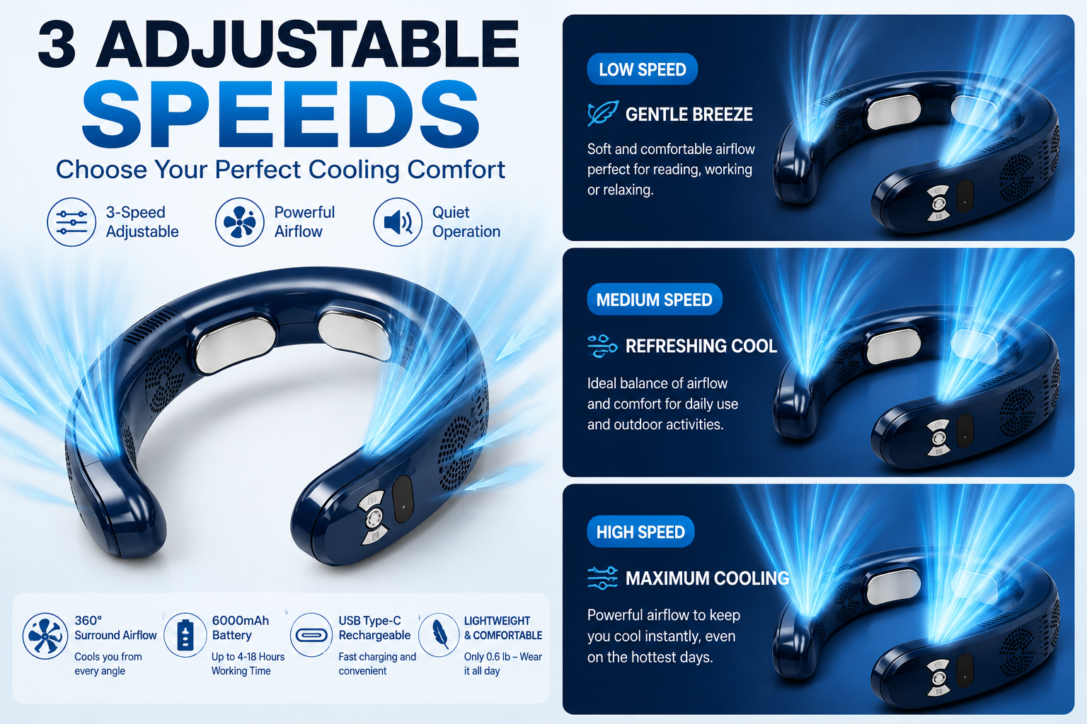 Portable neck fan with 3 adjustable speeds and powerful cooling airflow