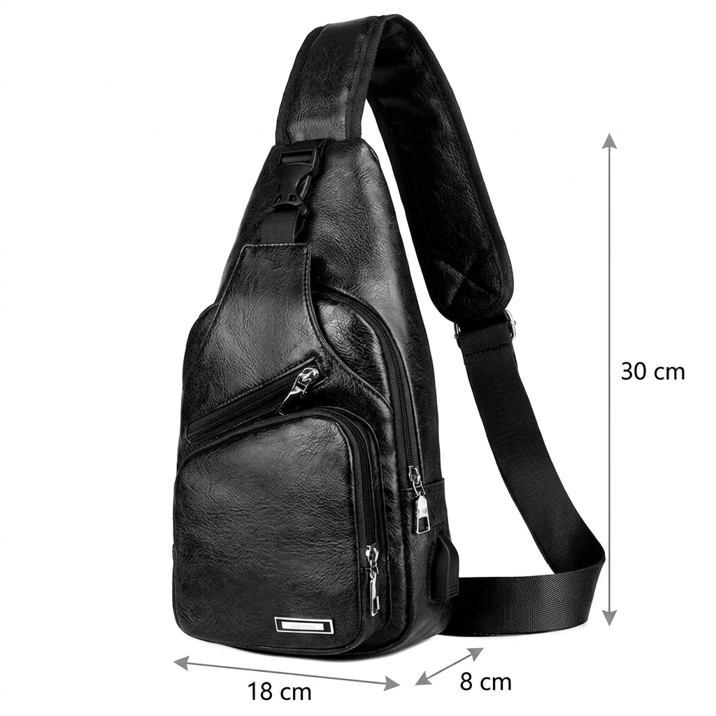 Premium Leather Sling Chest Bag with USB Charging Port - Men's Crossbody Sling Backpack, Black