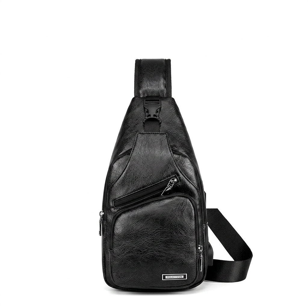 Premium Leather Sling Chest Bag with USB Charging Port - Men's Crossbody Sling Backpack, Black