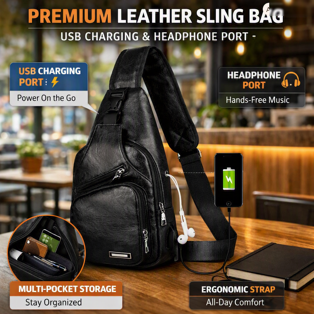 Premium Leather Sling Chest Bag with USB Charging Port - Men's Crossbody Sling Backpack, Black