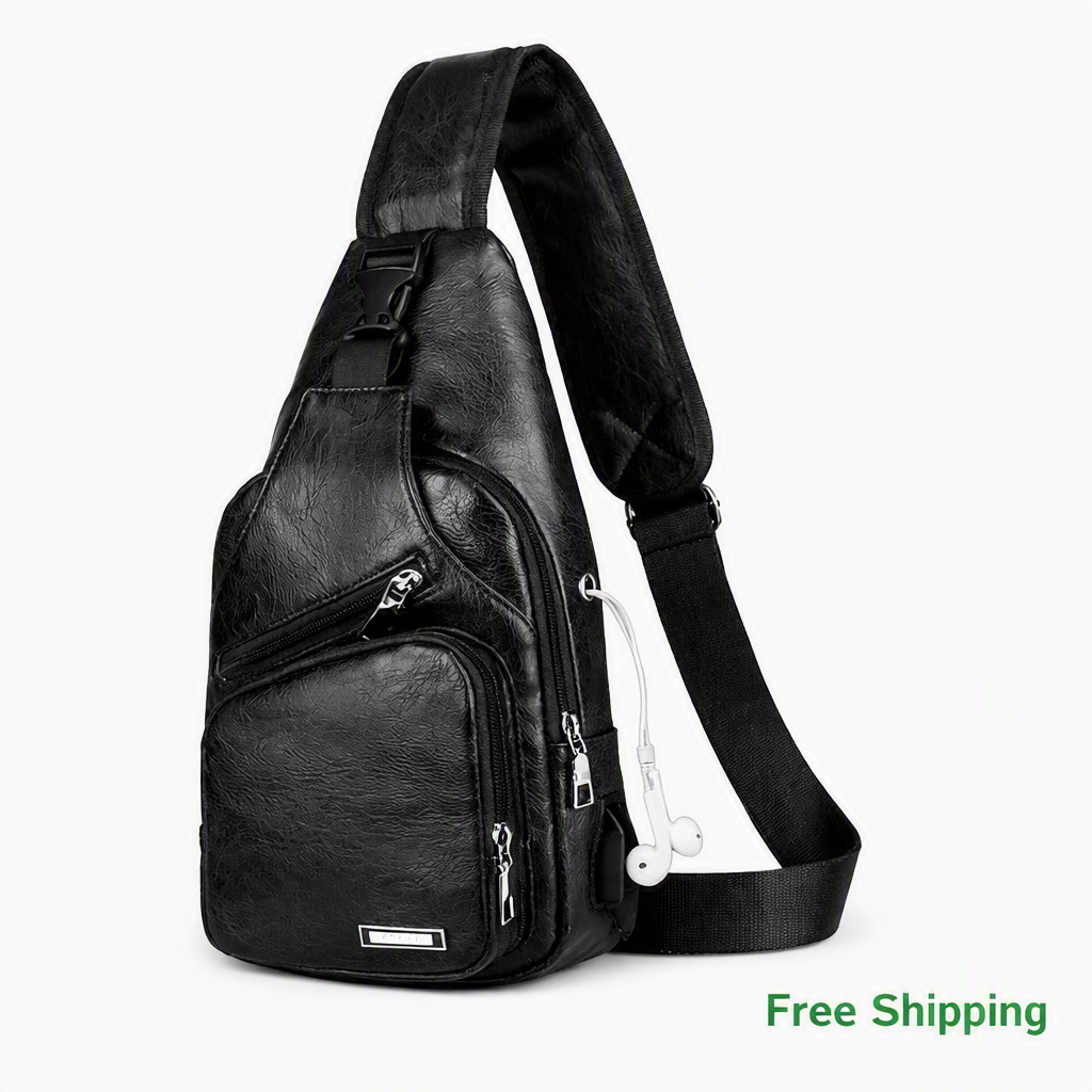 Premium Leather Sling Chest Bag with USB Charging Port - Men's Crossbody Sling Backpack, Black
