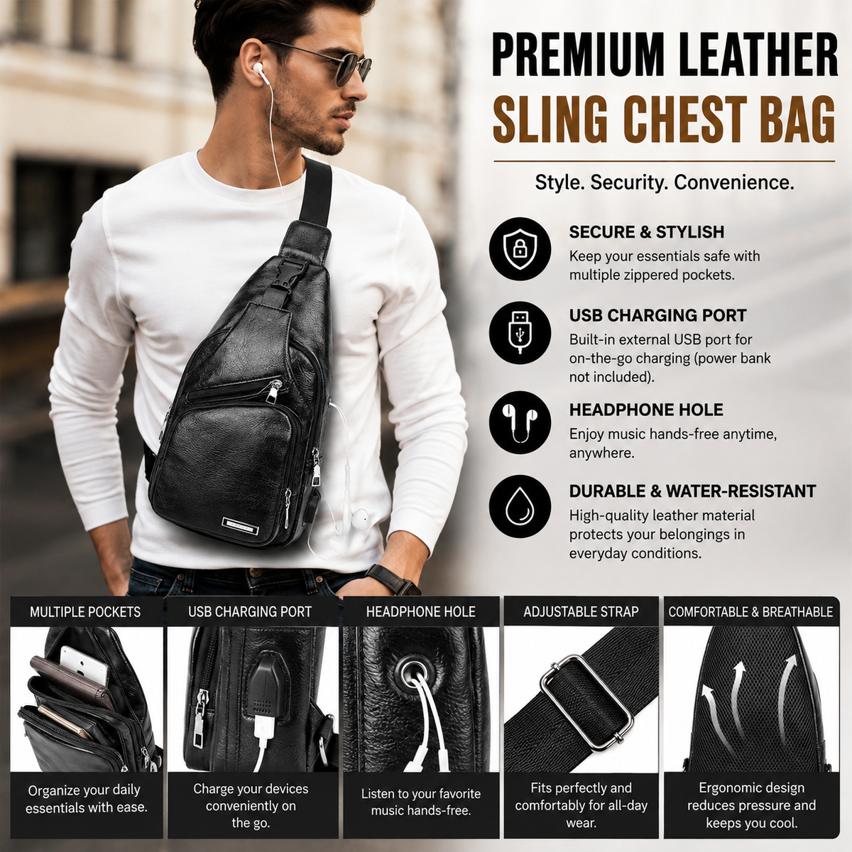 Premium Leather Sling Chest Bag with USB Charging Port - Men's Crossbody Sling Backpack, Black