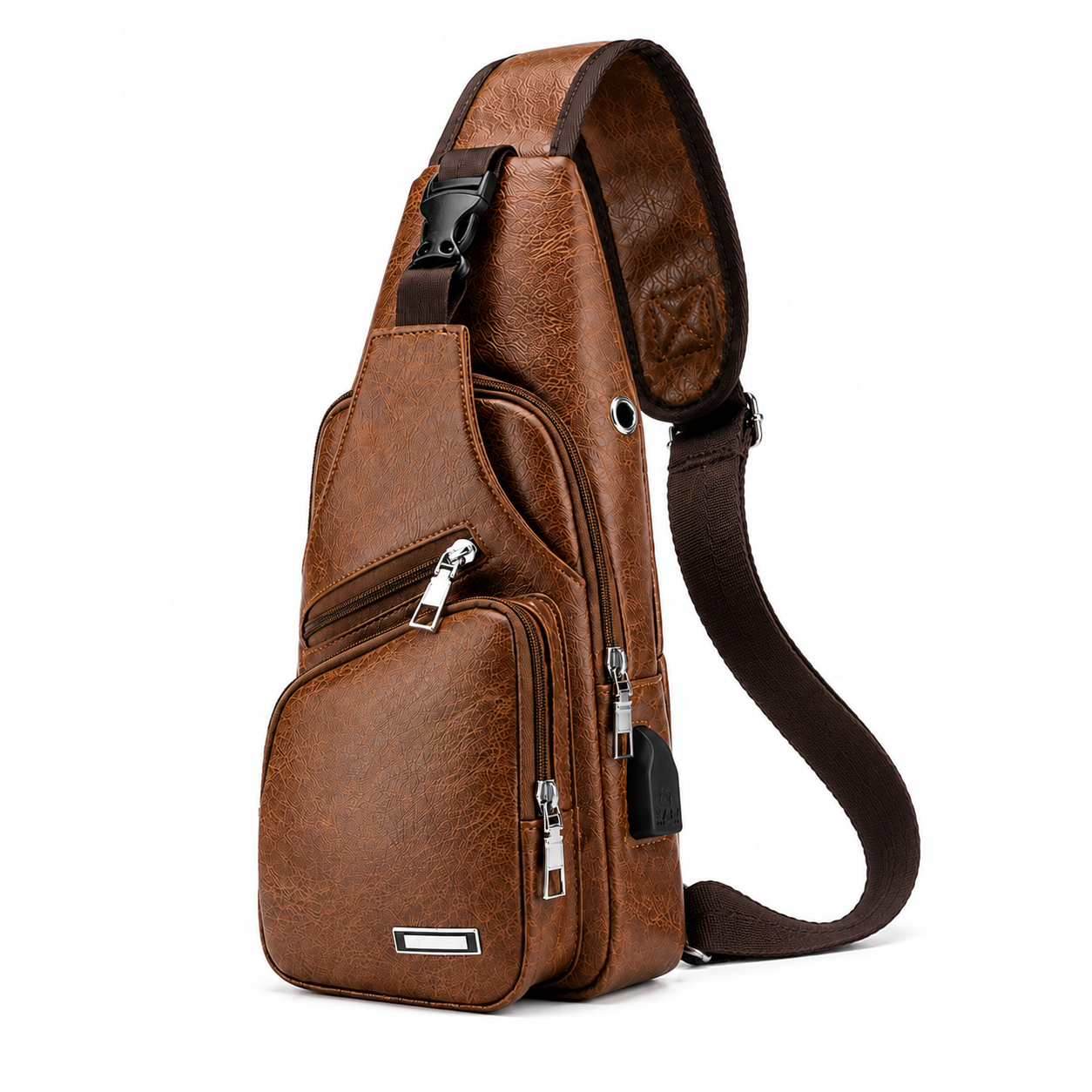 Brown leather sling backpack with multiple zippered compartments