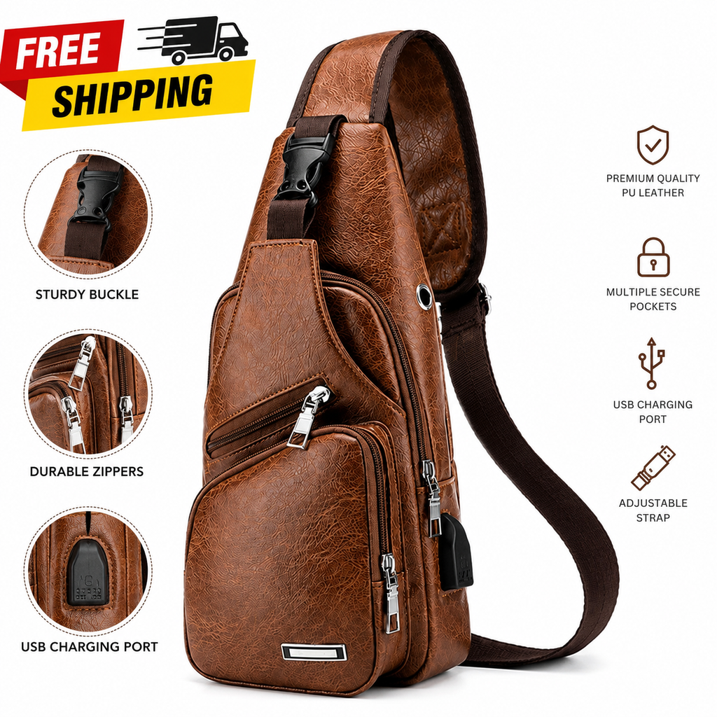 Brown leather sling bag features and compartments