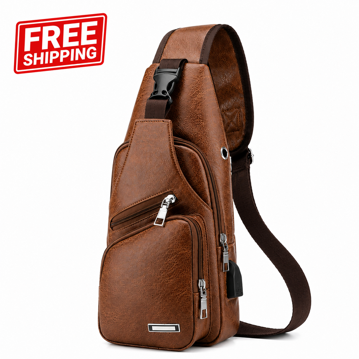 Brown leather sling bag with free shipping