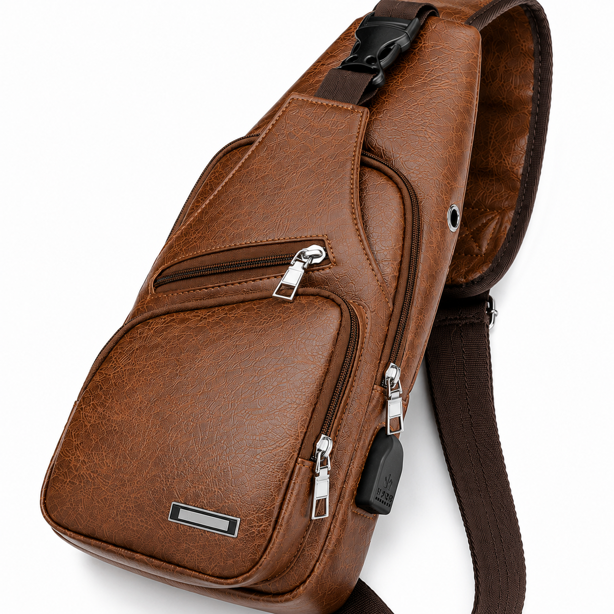 Brown leather sling bag with USB charging port