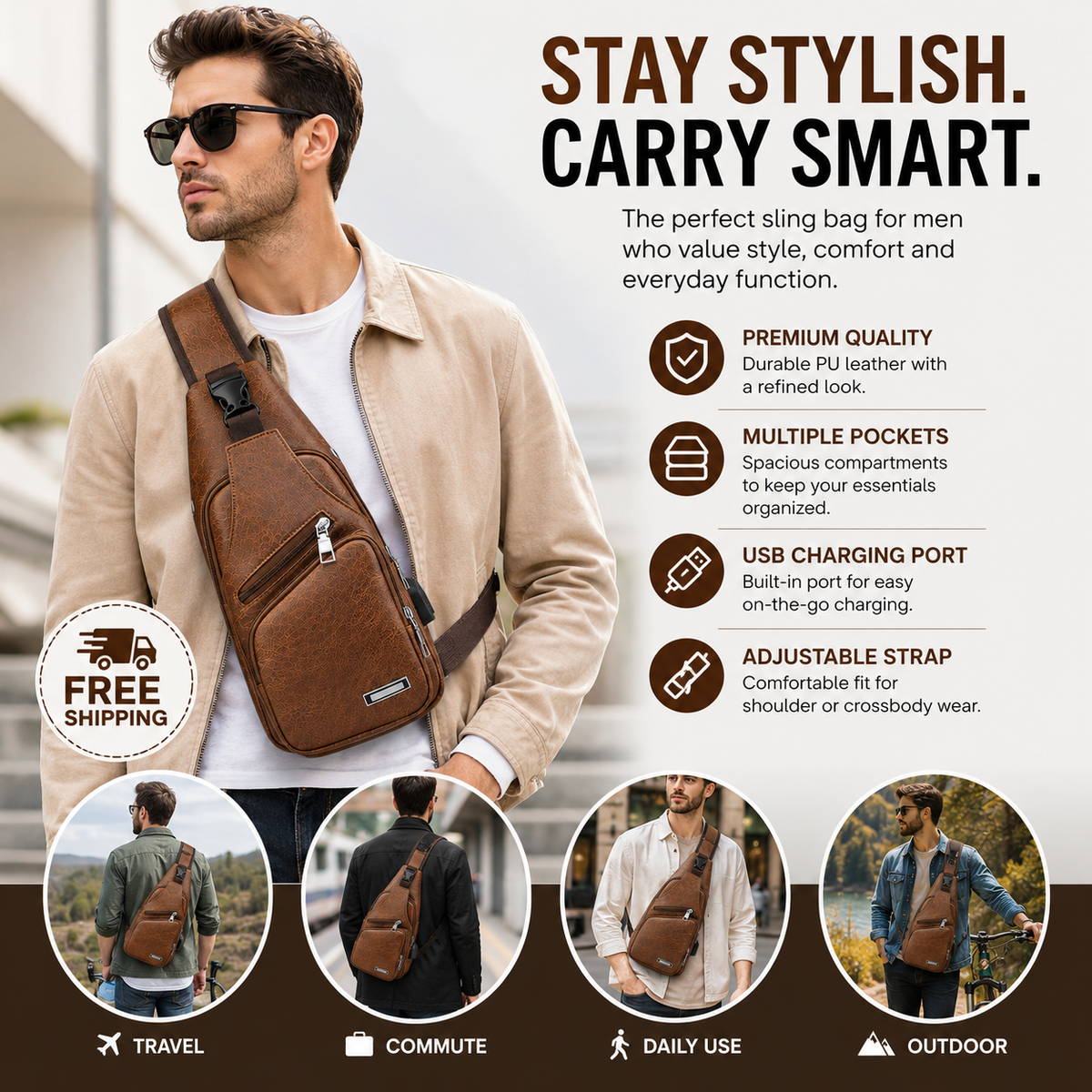 Men's Brown Leather Sling Bag – USB Charging Port & Multiple Pockets