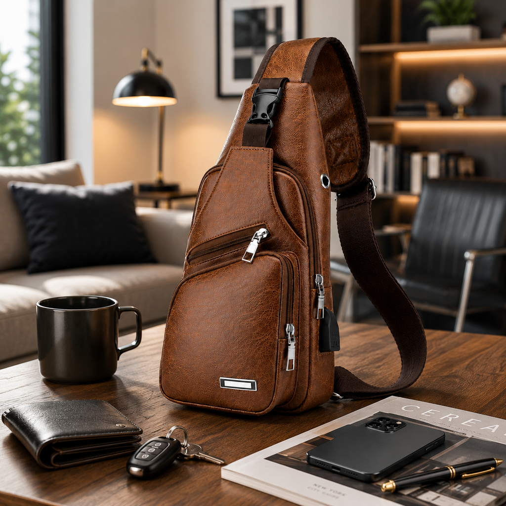 Men's Brown Leather Sling Bag – USB Charging Port & Multiple Pockets