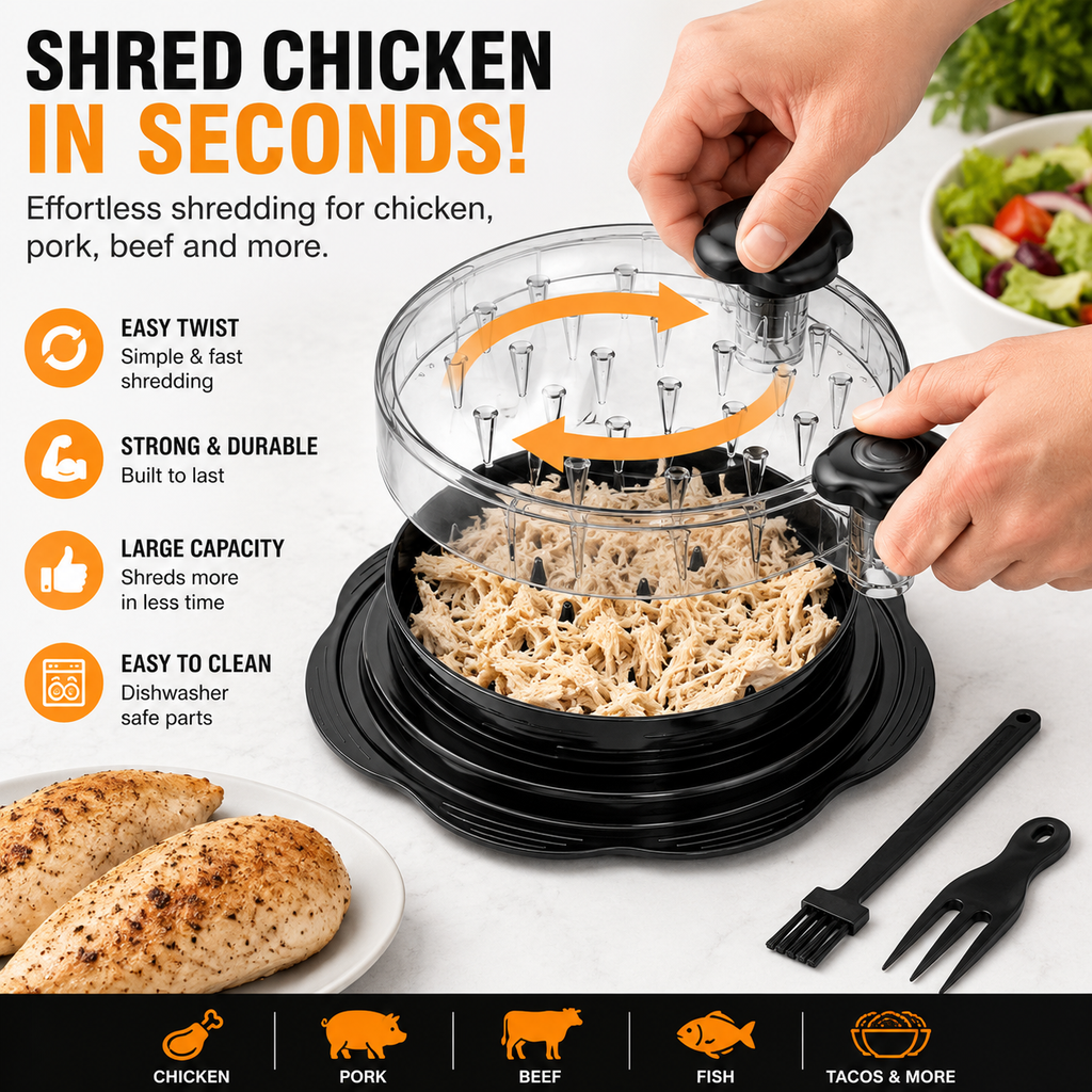 Chicken shredder twisting operation for quick meat shredding