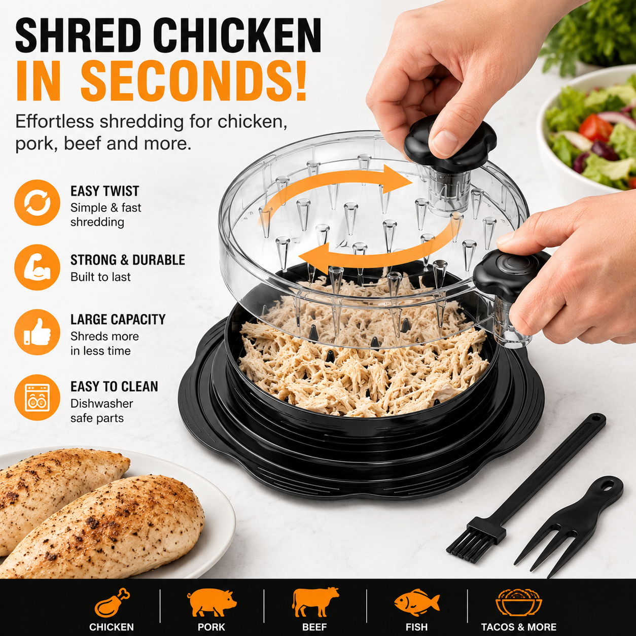 Chicken shredder twisting operation for quick meat shredding