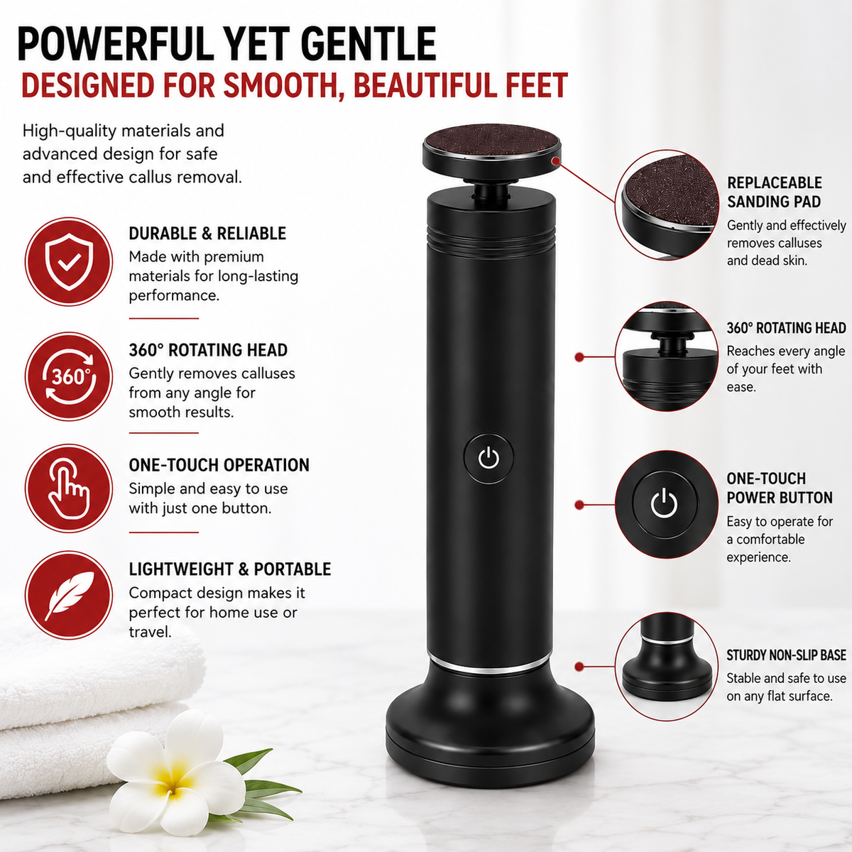 Electric Foot Callus Remover 360 degree rotating head replaceable sanding pad and one-touch operation