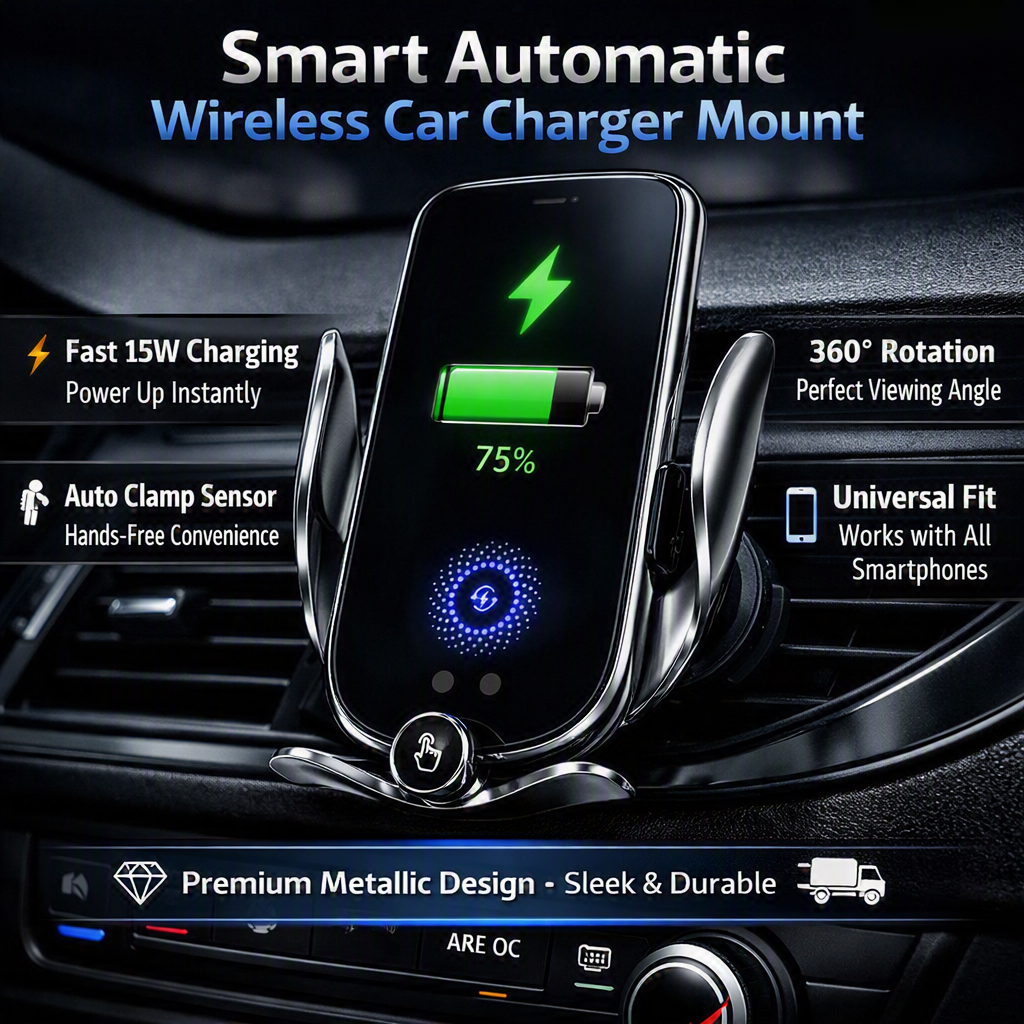 15W Wireless Car Charger Mount – Auto-Clamp Phone Holder