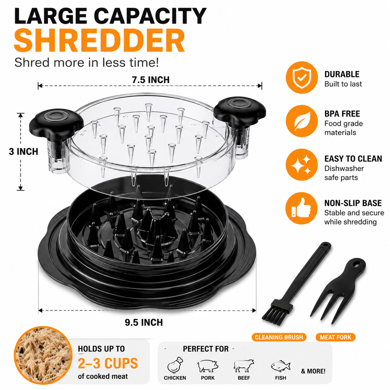 Large capacity chicken and meat shredder with accessories