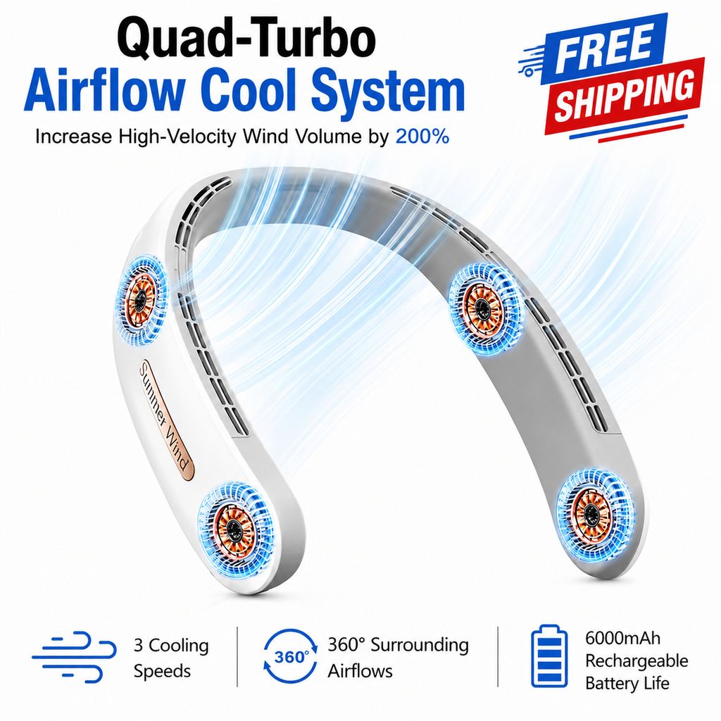 Neck Fan 6000mAh 4 Turbo Fans 360 degree cooling and free shipping
