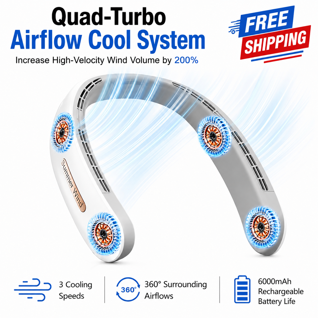 Neck Fan 6000mAh 4 Turbo Fans 360 degree cooling and free shipping