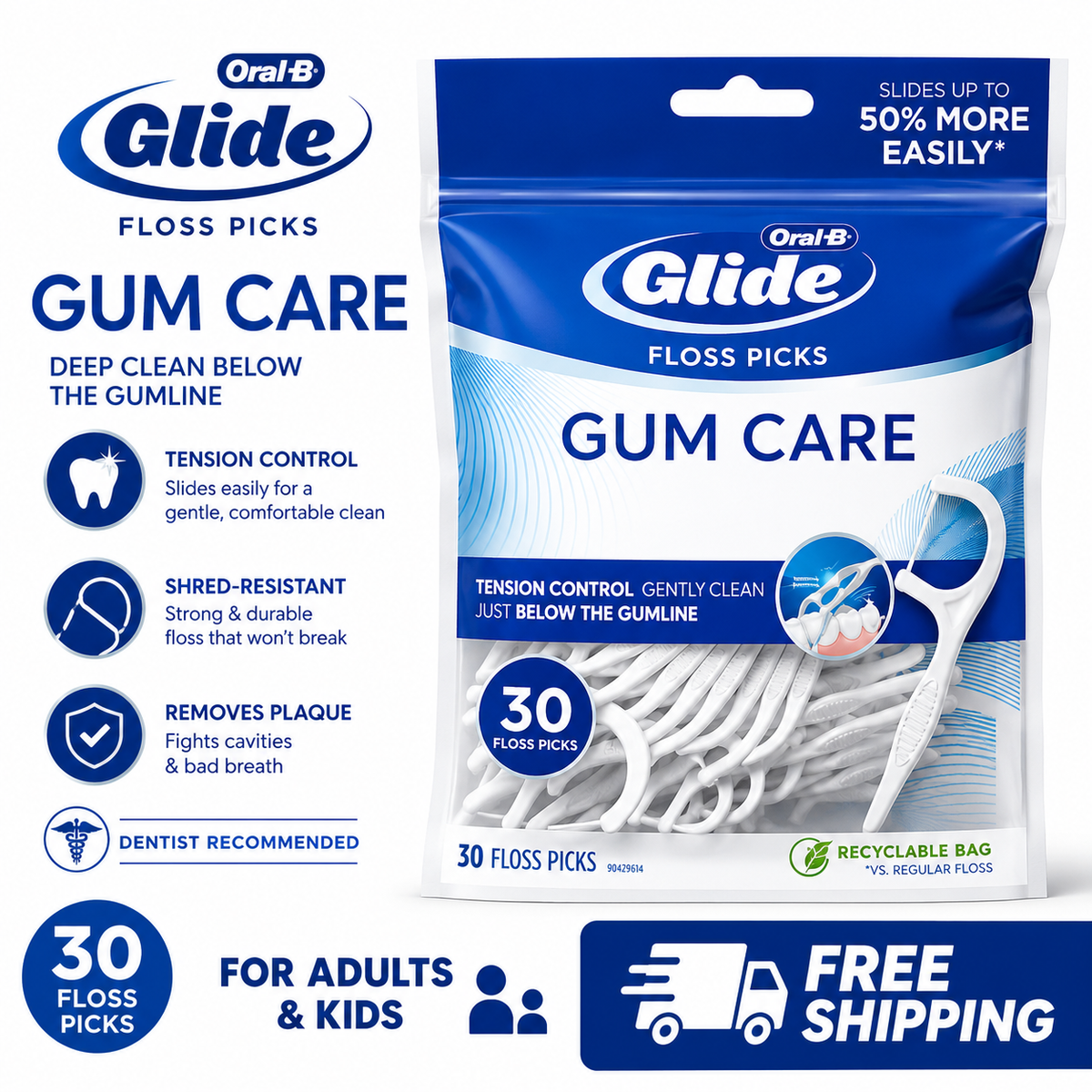 Oral-B Glide Gum Care Floss Picks product benefits and packaging