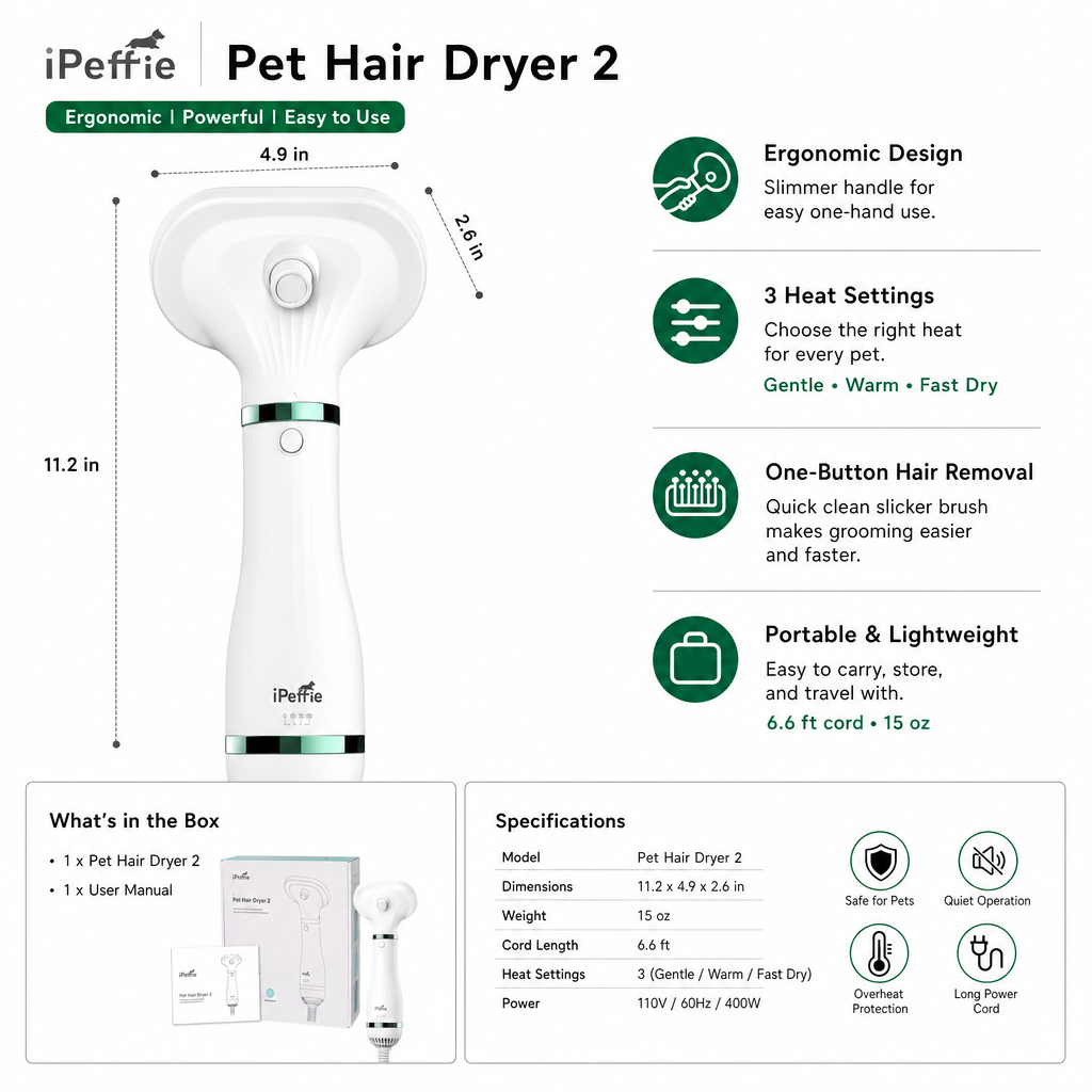 Pet Hair Dryer Brush 2-in-1 – Slicker Grooming Brush, 3 Heat Settings