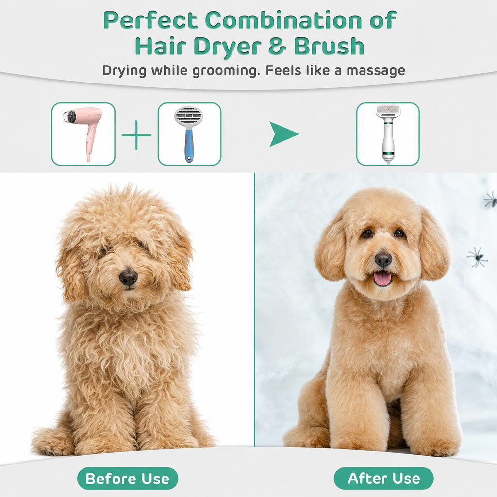 Pet Hair Dryer Brush 2-in-1 – Slicker Grooming Brush, 3 Heat Settings