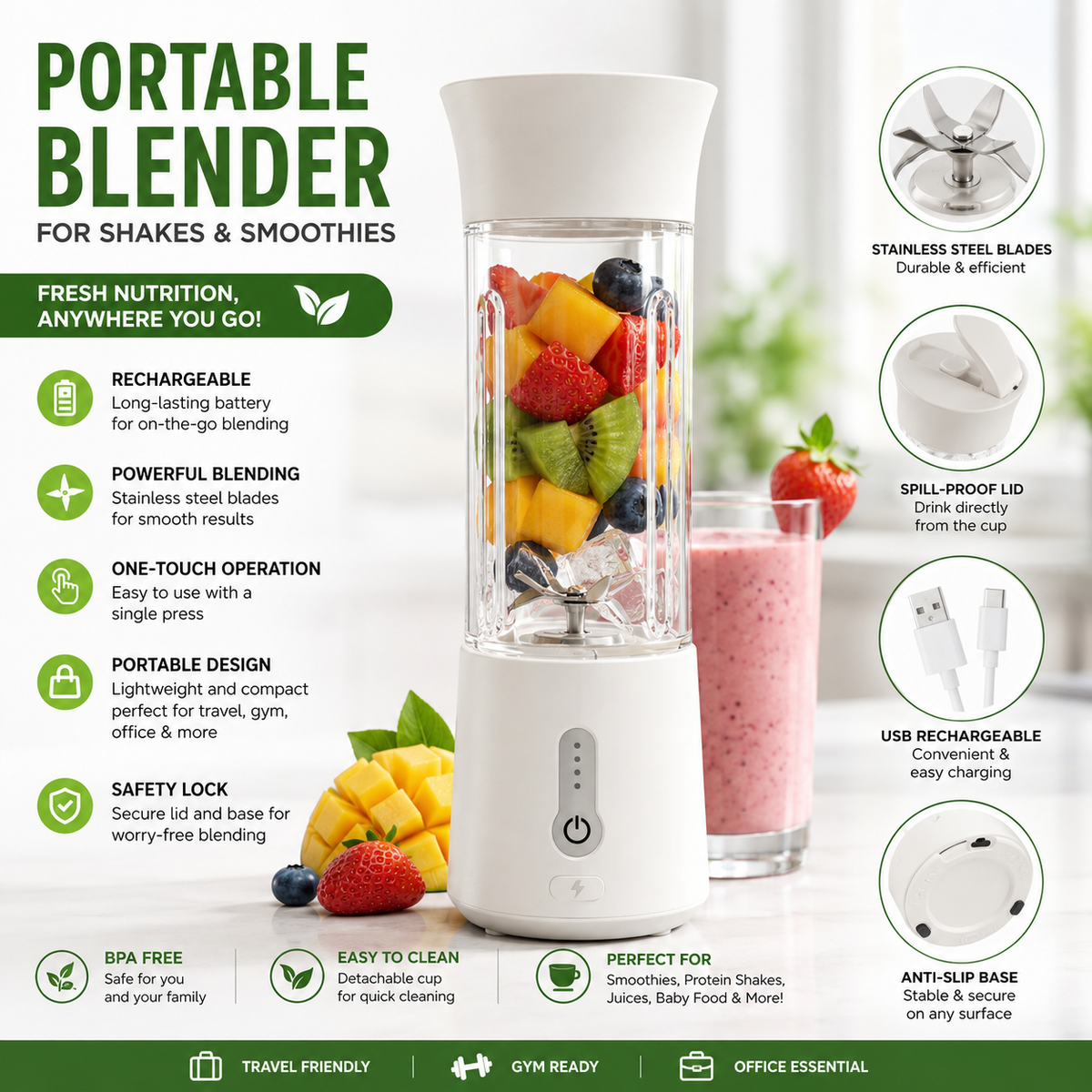 Portable Blender for Shakes and Smoothies with USB Rechargeable Design