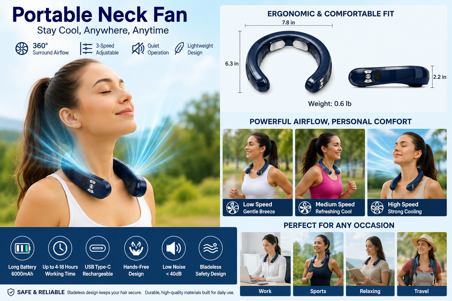 Portable neck fan with ergonomic fit, 3 speeds, 6000mAh battery and USB-C rechargeable design