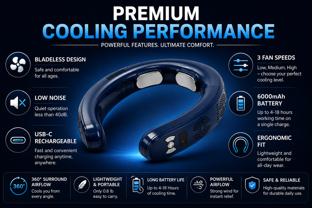 Premium bladeless neck fan with 3 speeds, 6000mAh battery, USB-C charging and 360 degree airflow