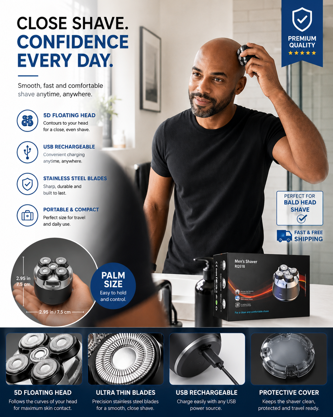 Men's Electric Head Shaver – Wet/Dry Waterproof Cordless Razor