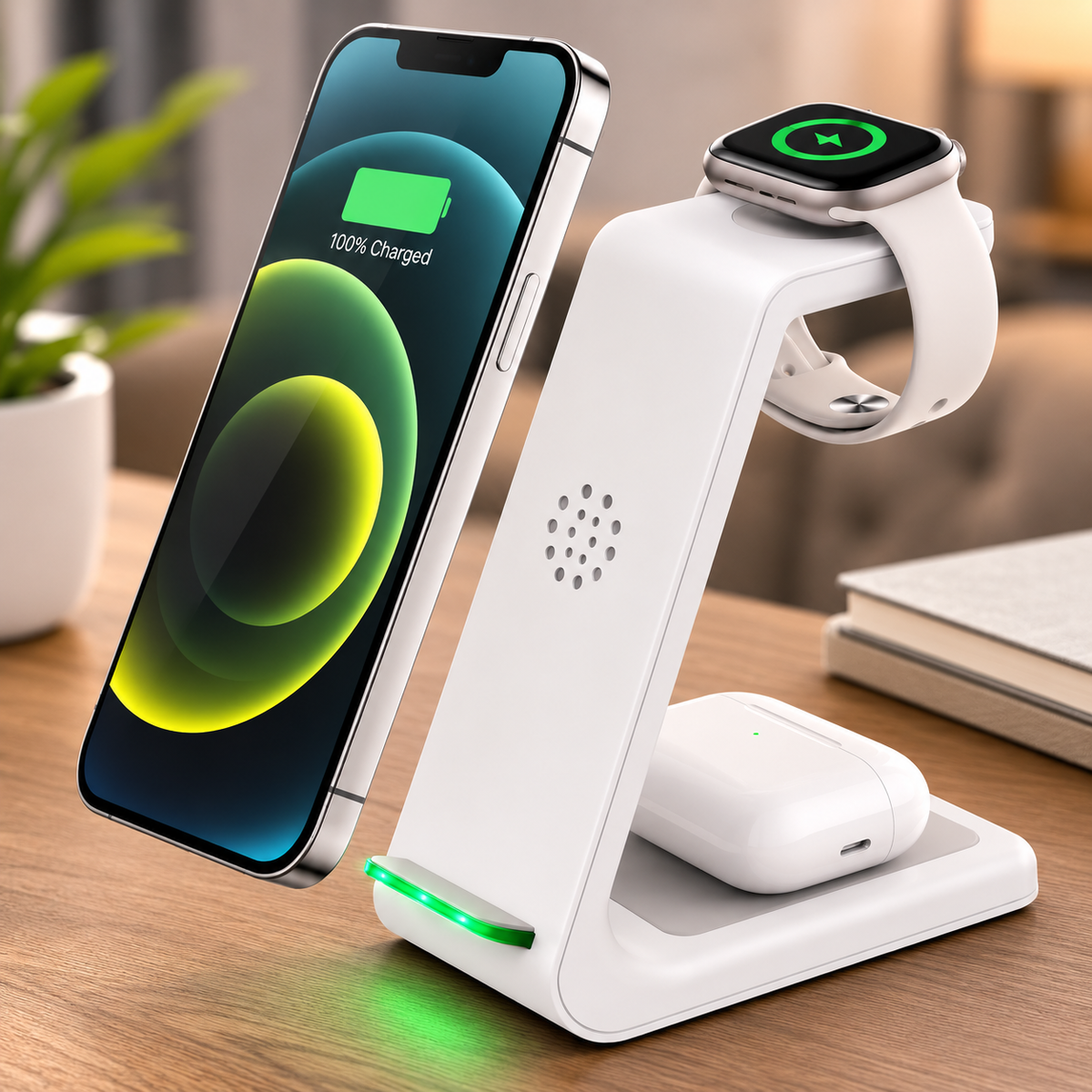 Sleek 3-in-1 Wireless Charging Station with iPhone Apple Watch and AirPods