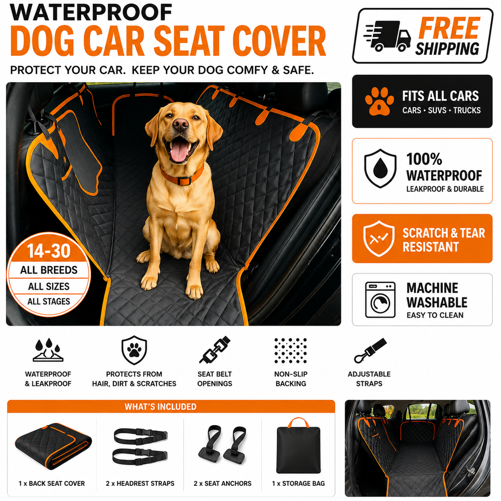 Waterproof dog car seat cover protecting vehicle seats from pet hair dirt and spills